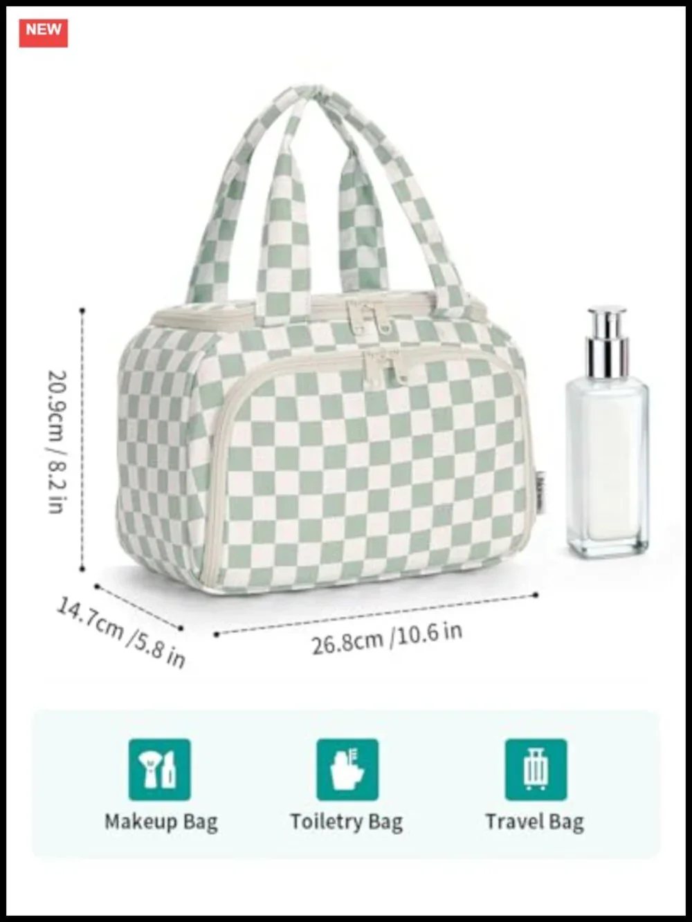 Checkered Travel Toiletry Bag for Women, Large Makeup Case with Handle,